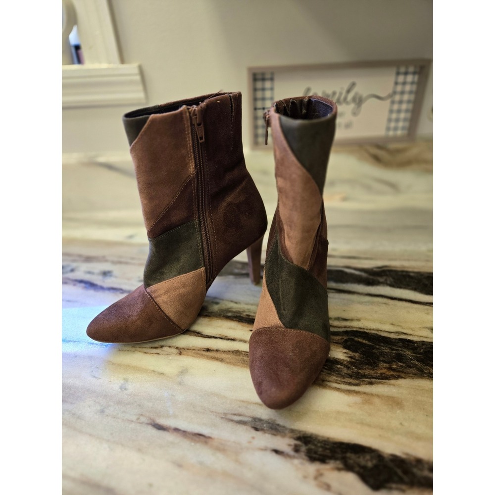 Rialto Casilda Brown Patchwork Faux Suede Pointed Toe Ankle Boots 6M R8485